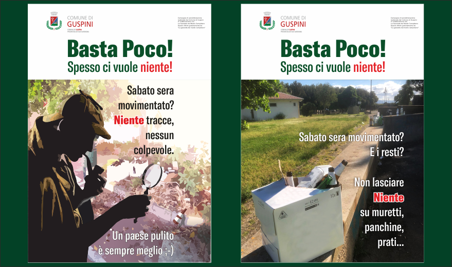 On air le due locandine della campagna di sensibilizzazione "basta poco" sui temi ambientali e di sostenibilità
